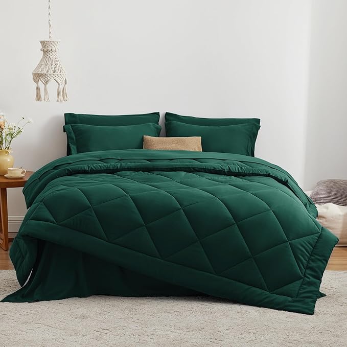 Love's cabin Queen Comforter Set Dark Green, 7 Pieces Queen Bed in a Bag, All Season Bedding Sets with 1 Comforter, 1 Flat Sheet, 1 Fitted Sheet, 2 Pillowcase and 2 Pillow Sham