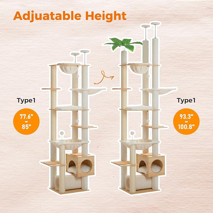 PEQULTI Floor to Ceiling Cat Tree 93.3’’-100.8’’ Height Adjustable Wooden Cat Tower Tall Climbing Play House with Scratching Posts, Cozy Condo, Perches and Large Hammock for Indoor Cats Beige-Mewly Pet