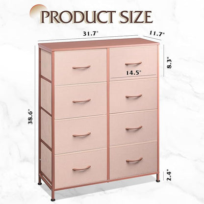 WLIVE Fabric Dresser for Bedroom, Tall Dresser with 8 Drawers, Storage Tower with Fabric Bins, Double Dresser, Chest of Drawers for Closet, Playroom, Dormitory, Pink and Rose Gold