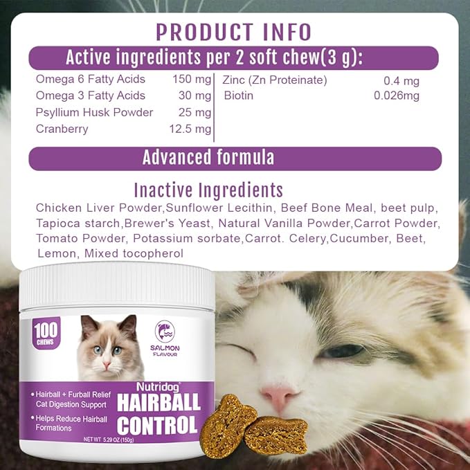Hairball Treats for Cats - Hairball Remedy Chews with Omega 3&6, Psyllium Husk, Zinc & Biotin - Salmon Flavor for Hairball Control, Digestive Health & Skin Support, 100ct (ND-044)-Mewly Pet