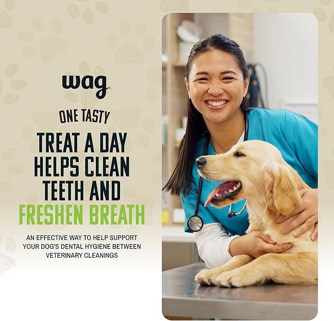 Amazon Brand - Wag Dental Chews - Green Dental Brush for Dogs, Large, Unflavored, 24 Count (Pack of 1)-Mewly Pet