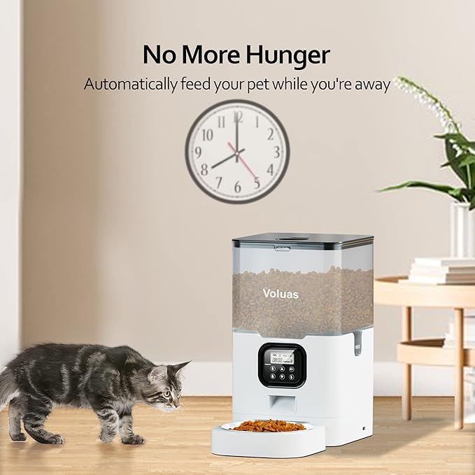 VOLUAS Automatic Cat Feeders - Pet Food Dispenser for Dry Food, Timed Cat Feeder with Desiccant Bag, Programmable Portion Size Control 4 Meals Per Day, 10s Voice Recorder-Mewly Pet
