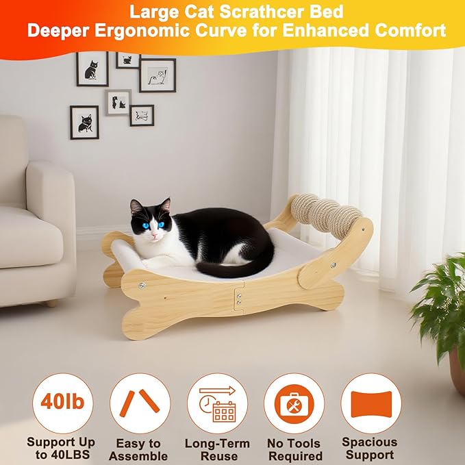 Cat Scratcher Bed for Indoor Cats | 3-in-1 Scratching Post & Hammock Lounge with Wooden Perch, No-Tip Stable Base for Small/Medium/Large Cats ，Durable Scratch Pad & Cat Furniture (Easy Assembly)-Mewly Pet