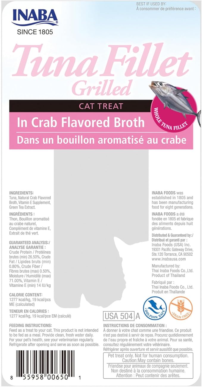 INABA Premium Hand-Cut Grilled Tuna Fillet Cat Treats/Topper with Vitamin E and Green Tea Extract, 0.52 Ounces Each, Pack of 6, Crab Broth-Mewly Pet