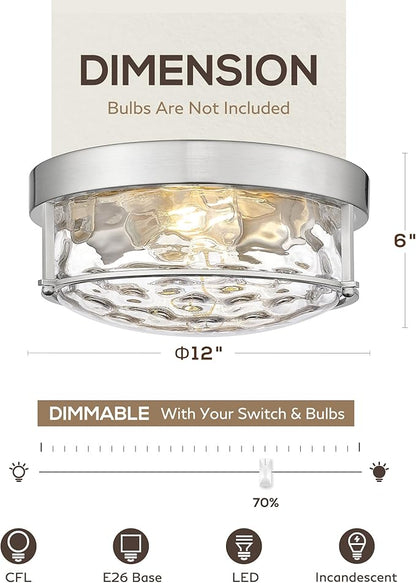 FEMILA Flush Mount Ceiling Light Fixture, 12" Brushed Nickel Ceiling Light, Water Ripple Glass, for Hallway, Living Room, Kitchen, Bedroom, E26 Base, 4FTJ22WG-F BN