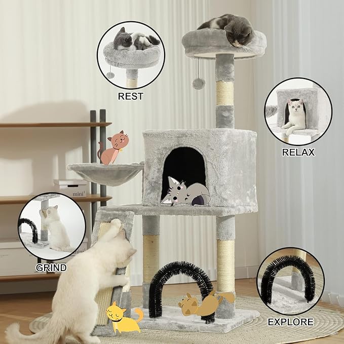HOOPET 44IN Cat Tree for Indoor Cats - Multi-Level Cat Tower with Hammock, Condo, Scratching Posts, Self-Grooming Brush & Play Ball - Space-Saving Cat Furniture for Small Apartments-Mewly Pet