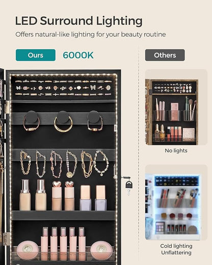 SONGMICS Mirror Jewelry Cabinet Armoire with Built-in LED Lights, Wall or Door Mounted Jewelry Storage Organizer, 3.8 x 14.6 x 26.4 Inches Hanging Mirror Cabinet, Gift Idea, Black UJJC050B01