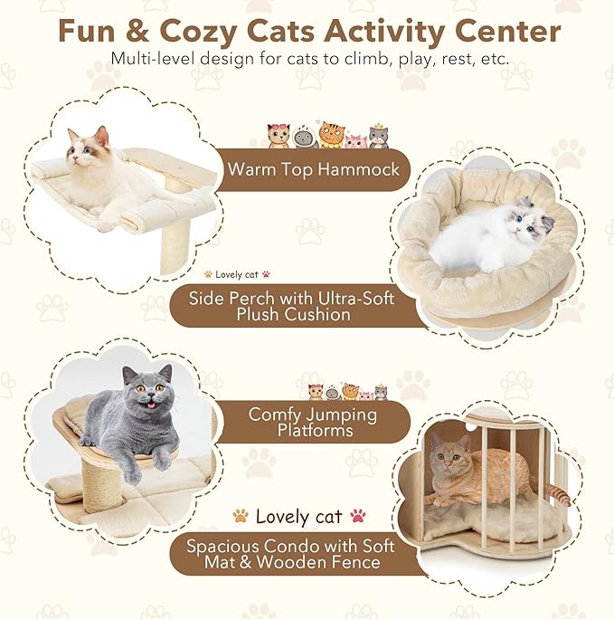 Tangkula Wood Cat Tree for Indoor Cats, 55 Inch Multi-Level Cat Tower Activity Center with Hammock, Cat Condo, Sisal Scratching Posts & Washable Cushions, Modern Cat Tree Houses for Large Cats-Mewly Pet