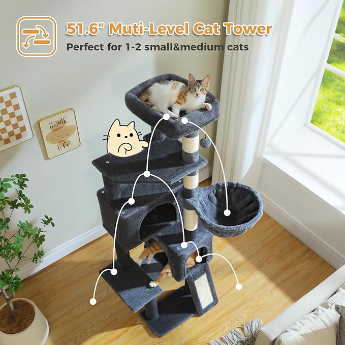 PAWZ Road Cat Tree, 51.6 Inches Cat Tower with Dual Condos, Spacious Perch, Cozy Basket and Sisal-Covered Scratching Posts for Indoor Cats- Dark Gray-Mewly Pet