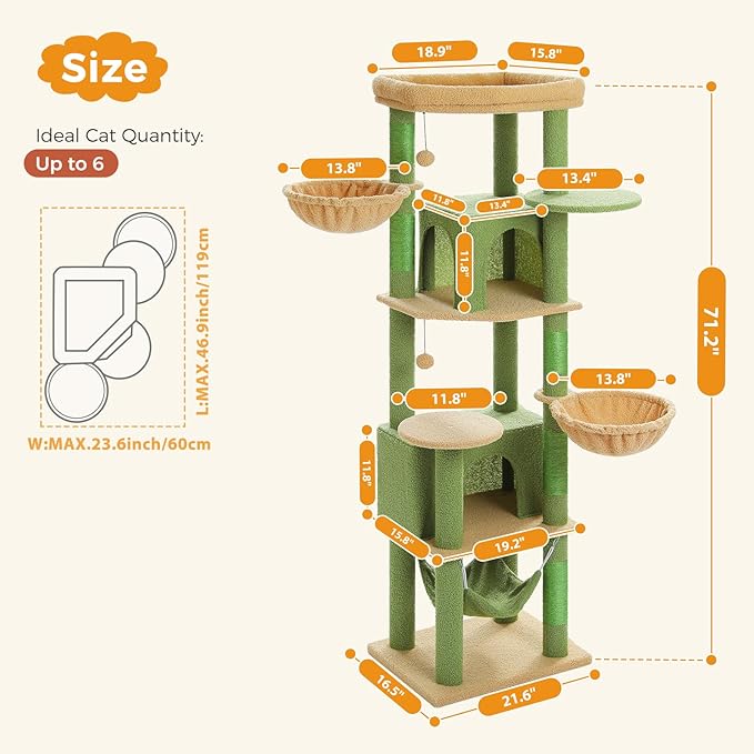71.2" Large Cat Tree for Multi-Cat Households - 9-Level Cat Tower w/5 Sisal Scratching Posts, 2 Condos, Soft Hammock, Top Perch & Pom Poms - Heavy-Duty Space-Saving Design, Cactus Green-Mewly Pet