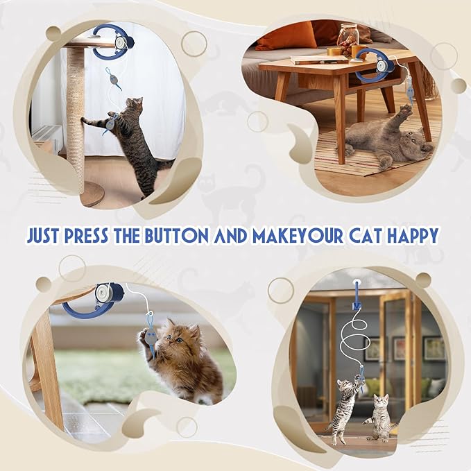 Cat Toy Interactive for Indoor Cats, Smart USB Rechargeable Door Hanging Automatic Retractable Kitten Toys, Teaser Electronic Self Play Feather Cat String Toys Attached with 3 Catnip Mice Blue-Mewly Pet