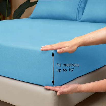 Mejoroom Full Size Sheet Set - Soft Microfiber Bed Sheets - Deep Pocket Fitted Sheet - Breathable, Wrinkle & Fade Resistant - 4 Piece (Full, Denim Blue)