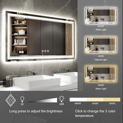 Backlit Bathroom Mirror, 55x30 Inch Gradient Front and Backlit Mirror, 3 Colors Dimmable CRI>90 Double Lights, IP54 Enhanced Anti-Fog, Hanging Plates Wall Mount LED Bathroom Mirror