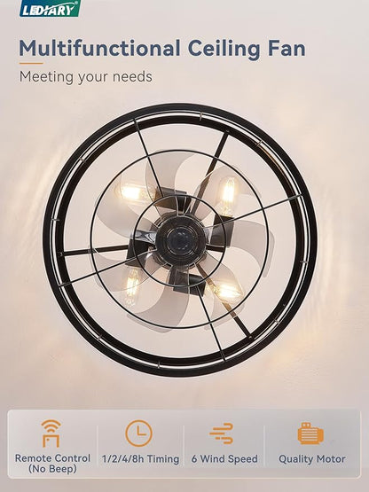 LEDIARY 20 inch Fandelier Caged Ceiling Fan with Light, Bladeless Ceiling Fan with Remote, Farmhouse Fan Lights Ceiling Fixtures for Kitchen, Bedroom, Outdoor(6 Speed, Timing)-Black