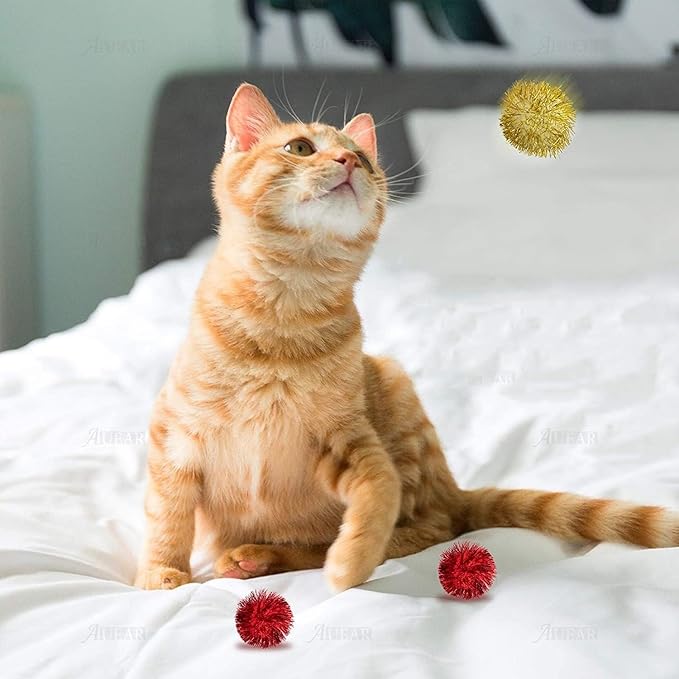 AUEAR, 12 Pack 2 Inch Sparkle Ball Shiny Glitter Tinsel Pom Poms Interactive Cat Balls for Kittens (4 Colors, 12 Inch-12 Pack)-Mewly Pet