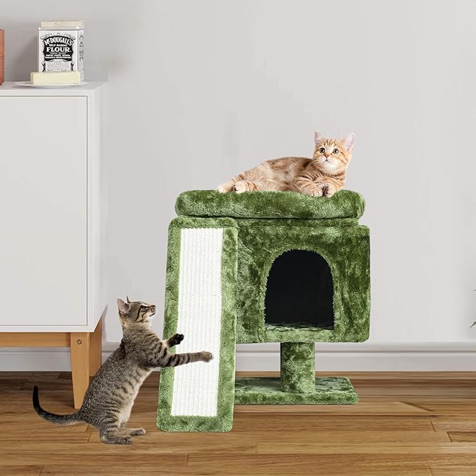 YANDLVY Small Cat Tower for Cats, Cute Cat Tree for Indoor Cats, Kittens Condo with Scratching Post and Board, Cat Cave, Modern Cat Activity House with Plush Perch (Green)-Mewly Pet