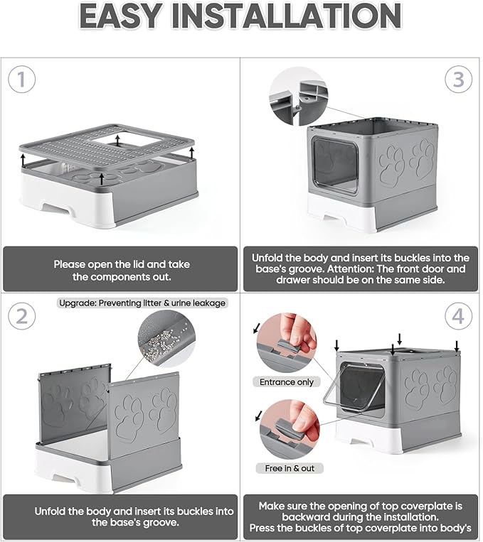 Cat Litter Box with X-Large Litter Mat and Scoop, Large Foldable Litter Box with Lid, Enclosed Kitty Box,Front Top Entry Exit, Odor Control Easy to Clean (Upgrade Dark Grey)-Mewly Pet