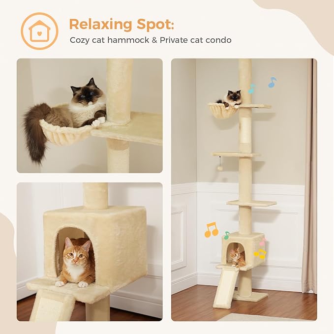 PEQULTI Floor to Ceiling Cat Tree, Tall Cat Tower, Adjustable Height (83''-108'') 5 Levels Climbing Tree for Indoor Cats with Cat Condo, Cozy Hammock and Scratching Post, Beige-Mewly Pet