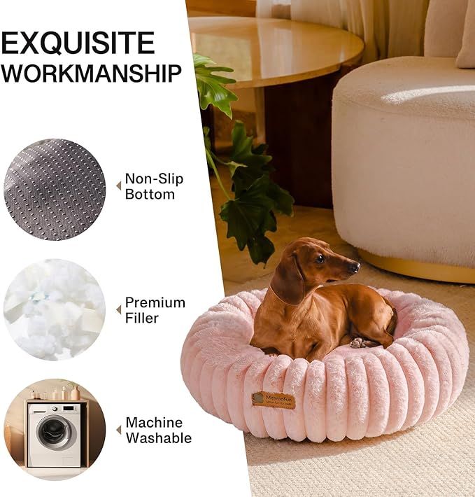 MEWOOFUN Donut Dog Beds for Small Dog, Calming Bed Round Cute Puppy Bed with Non-Slip Bottom, Fluffy Washable Pet Bed for Puppy and Kitten (Pink, XS (20x20x6))-Mewly Pet