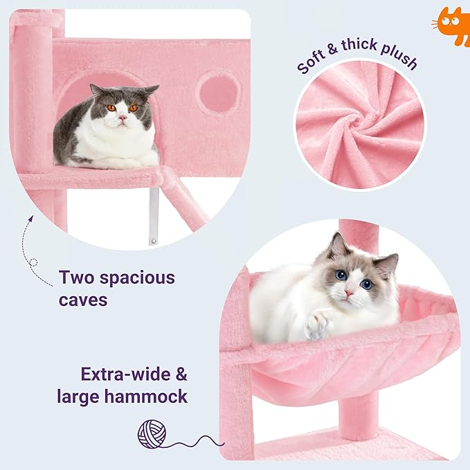 Allewie 81 Inches Tall Cat Tree/Multi-Level Large Climbing Tree House and Towers for Big Feline/Condo and Hammock/Scratching Post/Wide Base/Pink-Mewly Pet