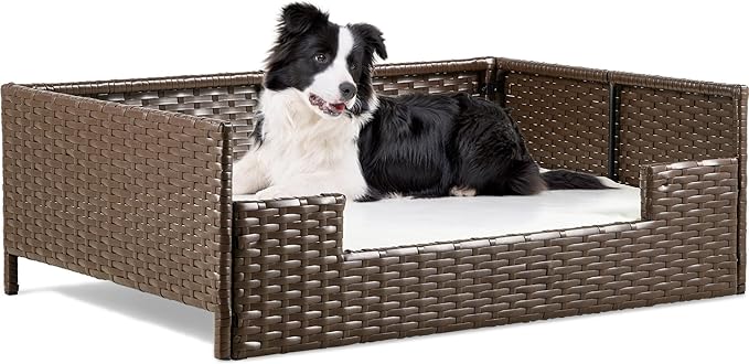 YITAHOME Rattan Dog Sofa Bed with Cushion, Wicker Pet Bed Sofa Couch Indoor Outdoor Waterproof for Large Medium Small Dogs Cats (34.6''L*23.6''W*11.8''H,Beige)-Mewly Pet