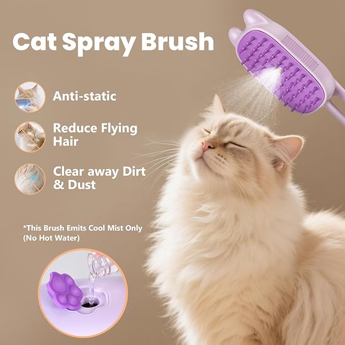 Rechargeable Cat Steam Brush with Mist Spray, 3-in-1 Pet Steam Brush for Long and Short Haired Cats and Small Dogs, Anti-Static, De-Shedding, Detangling, Massage, Purple Cat Design-Mewly Pet