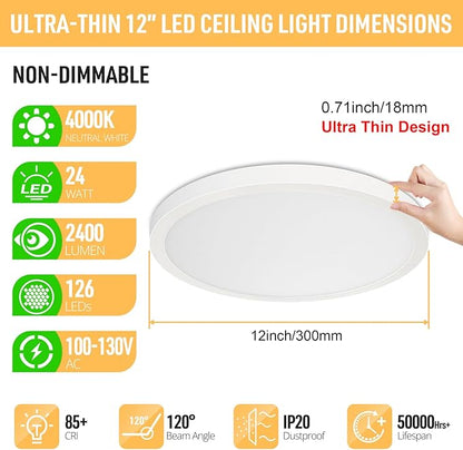 SunRider LED Flush Mount Ceiling Light Fixture, 4000K Neutral White, 2400LM, 12 Inch 24W Round Ceiling Lights, 240W Equiv. Panel Lamp, Non-Dimmable