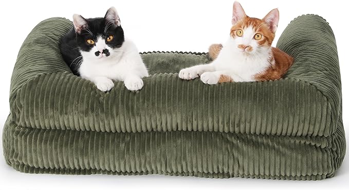 FUKUMARU Dog Couch Bed, Corduroy Cozy Cat Bed for Indoor Cats with Washable Cover, Supportive Waterproof Dog Beds Sofa for Small Dogs and Large Cats Cute, 28inch, Medium, Green-Mewly Pet