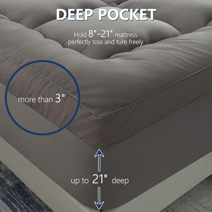 Marine Moon Mattress Topper King Cooling Bed Topper, Extra Thick Soft Mattress Pad Cover, Plush Hotel Quality Down Alternative Pillow Top Mattress Topper for Back Pain Relief with Deep Pocket, Grey