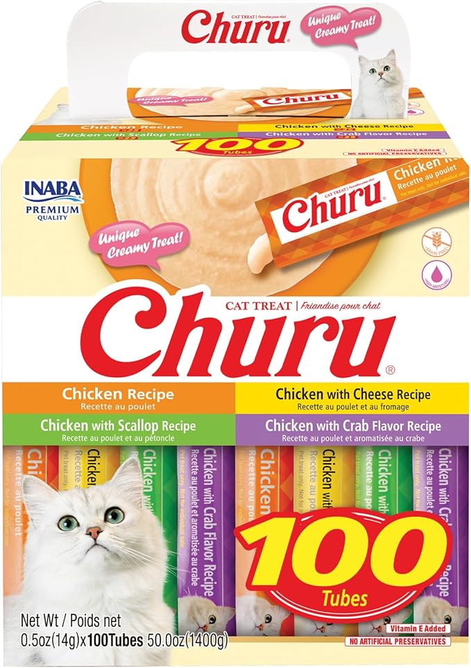 INABA Churu Cat Treats, Lickable, Squeezable Creamy Purée with Vitamin E, 0.5 Ounces per Tube, 100 Tubes Total, Chicken Variety-Mewly Pet