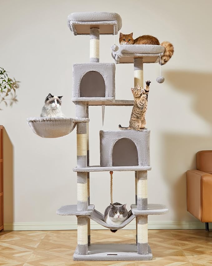 Taoqimiao Cat Tree, 71.7-Inch Cat Tower for Indoor Cats, Plush Multi-Level Cat Condo with 13 Scratching Posts, 2 Perches, 2 Caves, Hammock, 2 Pompoms,Light Gray MS013LW-Mewly Pet