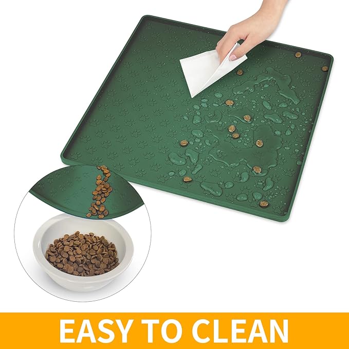 Ptlom Pet Placemat for Dog and Cat, Waterproof Silicone Pet Feeding Bowl Mats for Food and Water, Small Medium Large Dogs Mat Prevent Residues from Spilling to Floor, Hunter, 11.8"x11.8"-Mewly Pet