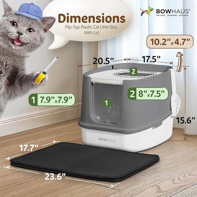 Fully Enclosed Cat Litter Box w/Lid, Scoop, Cat Mat & Odor Fitter, Large Plastic Cat Toilet with Double Door, Anti-Splashing Cat Litter Box with Lockable Front Door, Dark Grey-Mewly Pet