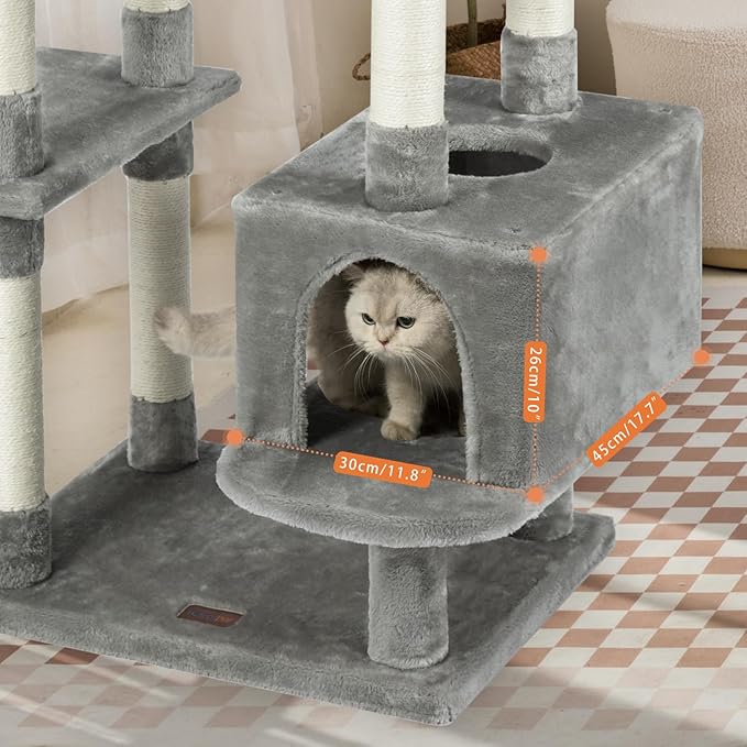 73 inches Large Cat Tree for Indoor Cats, Tall Cat Tower with Sisal Scratching Posts and Pads, Padded Plush Perch, Cozy Basket, Plush Condo for Large Cats (Grey)-Mewly Pet