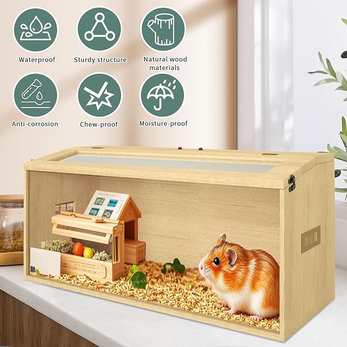 32" Hamster Habitat Enclosure, Top Opening Lockable Roof Door, Gerbil Dwarf Hamster Cage with Hygrometer, Chewproof Syrian Hamster Cage for Mice, Small Animal, (Wooden, 32" L x 16" W x 16" H)-Mewly Pet
