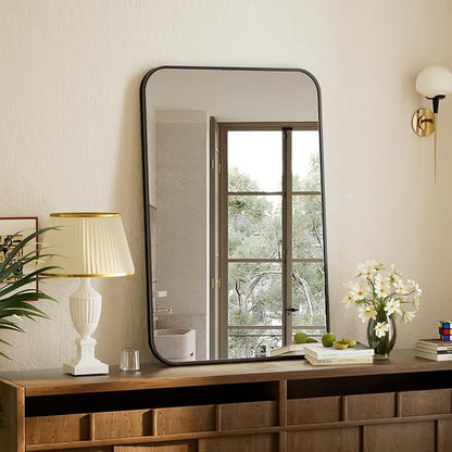 BEAUTYPEAK 24" x 36" Rectangular Aluminum Alloy Frame Wall Mounted Bathroom Mirror with Rounded Corners, Black