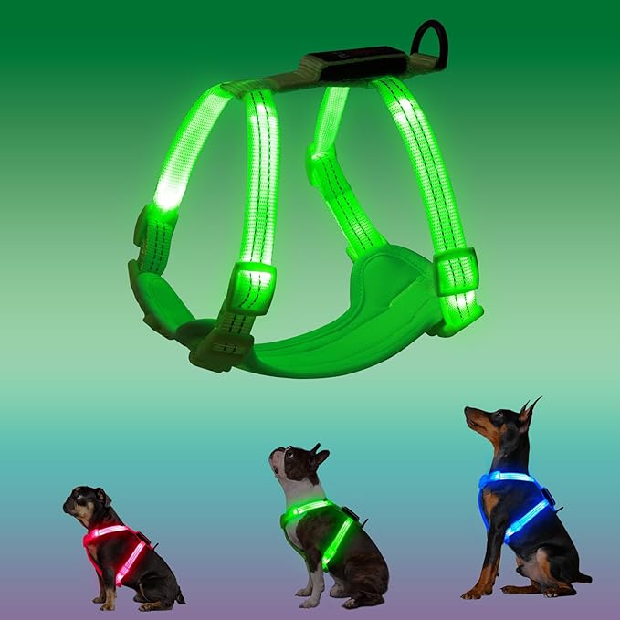 Rechargeable Light Up Dog Harness for Small Dogs – Adjustable LED Dog Vest with Reflective Strips, No Pull Glow in The Dark Puppy Harness for Night Walking Safety-Green-Mewly Pet