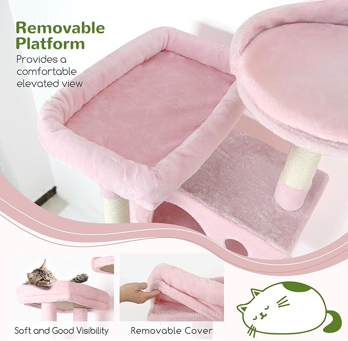 Globlazer Pink Cat Tree, 70 inch Tall Scratching Tower Multi-Level Cat Condo for Indoor Multiple Cats with 2 Large Cat Caves, Top Perch, Large Platform, Bottom Swing, F70B, Pink-Mewly Pet