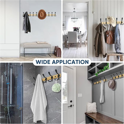 TICONN Wall Mounted Coat Rack, Five Heavy Duty Tri Hooks All Metal Construction for Jacket Coat Hat in Mudroom Entryway (Wood Black, 2-Pack)