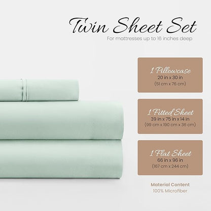 Linen Market Double-Brushed Microfiber Twin XL Sheet Set 3 Piece – Oeko-TEX Certified Ultra Soft & Wrinkle-Free - 16" Deep Pocket Sheets - Easy Care Twin XL Size - Mint