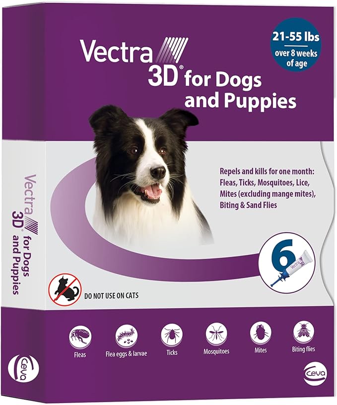 Vectra 3D for Dogs Flea, Tick & Mosquito Treatment & Prevention for Medium Dogs (21 – 55 lbs) , 6 month supply-Mewly Pet