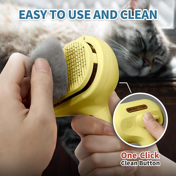 3 In 1 Self-Cleaning Steamy Brush for Pet Grooming - Anti-Static Flying Hair Spray, Removes Loose Hair and Reduces Shedding for Long and Short Fur, Yellow-Mewly Pet