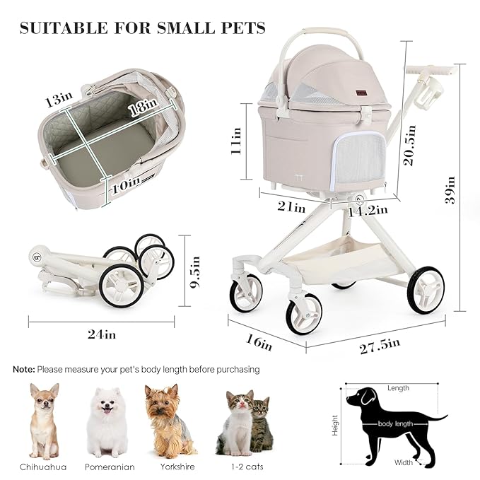 TT Lightweight Pet Stroller for Small Dogs & Cats - 4-Way Installation Carrier, One-Hand Fold, 180° Canopy Cover & Adjustable Handle (Beige)-Mewly Pet