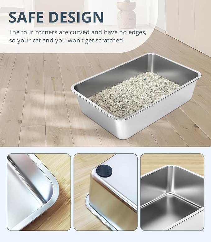 Stainless Steel Cat Litter Box, 4in Shallow Litter Box for Senior Cats and Kittens, Extra Large Metal Litter Pan Nonstick Odor Control Anti-Corrosion-Mewly Pet