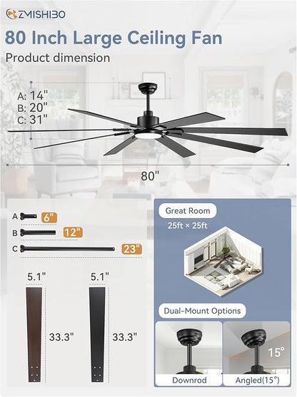 ZMISHIBO 80 inch Large Ceiling Fans with Lights and Remote, Indoor/Outdoor Black Modern Ceiling Fan for Kitchen Living Room Patio, 6 Speed Reversible Quiet DC Motor, 3 CCT, Dual Finish 8 Blades