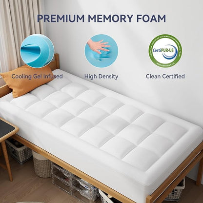 ELEMUSE Twin XL Dual Layer 3 Inch Memory Foam Mattress Topper for College Dorm Room Essentials, 2 Inch Cooling Gel Memory Foam and 1 Inch Washale Soft Pillow Top Extra Long Twin Mattress Pad Cover