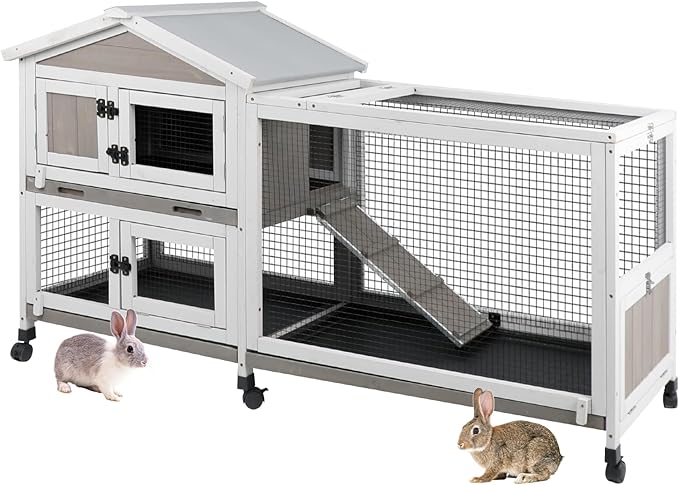 2-Tier Rabbit Hutch with Wheels, Indoor & Outdoor Small Animal Cage with Deep Pull-Out Tray, Anti-Chew Frame, Habitat for Bunny, Guinea Pig, Chinchilla (60" L x 19" W x 35" H)-Mewly Pet