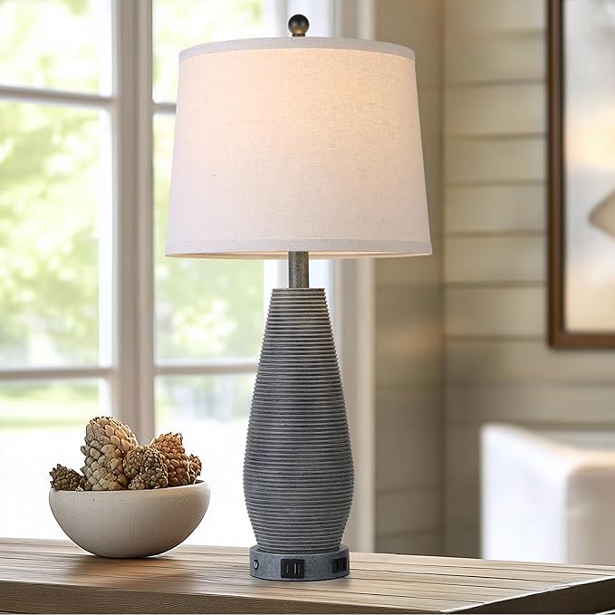 Farmhouse Table Lamps Set of 2 with USB C+A Ports and AC Outlet, 3 Way Touch Rustic Bedside Lamps for Living Room, 26.5" Grey Vintage Lamps for Bedroom Nightstand