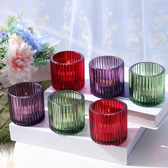 VOHO 3 Color Votive Candle Holders for Easter Decor, 6pcs Large Tealight Candle Holder for Votive Tea Lights Candles, Ribbed Tea Light Candle Holder Glass Gifts for Halloween/Thanksgiving/Christmas