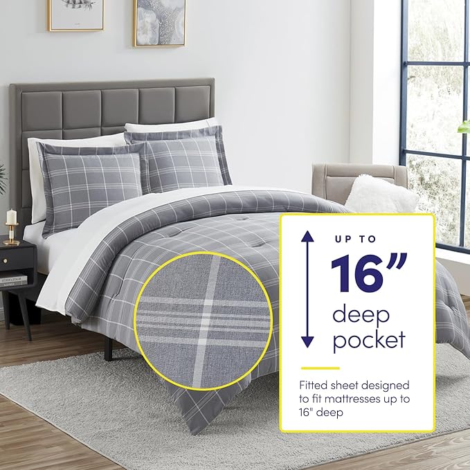 7 Piece Comforter Set Bag Solid Color All Season Soft Down Alternative Blanket & Luxurious Microfiber Bed Sheets, Queen, Gray Plaid